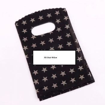 100 kleine Plastiktragtaschen 9x15cm Sterne schwarz/silber
